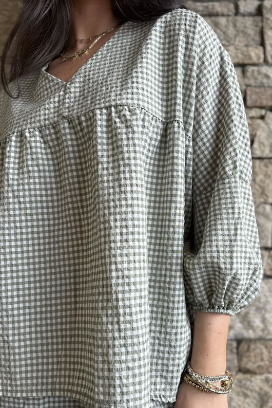 Arbi Gingham Peasant Smock Blouse Khaki